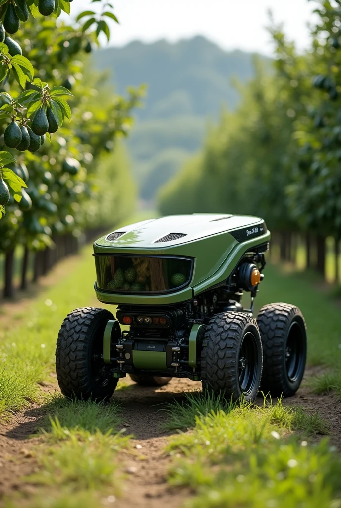A robot with wheels and an articulated robotic arm that is capable of harvesting avocados in an orchard