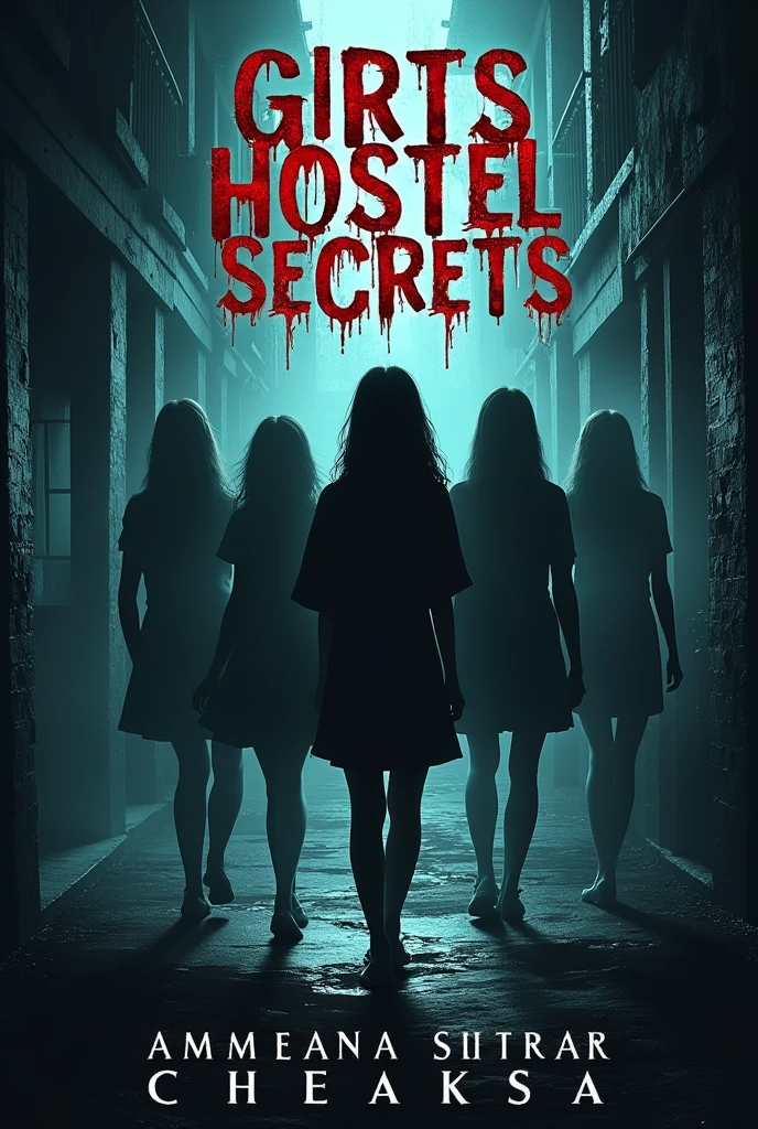 create a book cover that is titled Girts Hostel Secrets. author of the book is Himanshi Sharma. cover should be realistic and special with ghost secrets. book title and author name should be written on the book cover and in horrific manner . there should be girls in the hostel in the cover