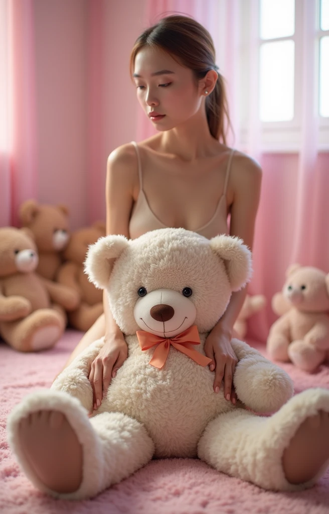 Realistic photographs of (A 50-year-old Japanese woman) , (naked:1),( Very good shape))), ((Medium bust )),(((Sitting hugging a teddy bear from the front))), She is behind the teddy bear. ((Perfectly beautiful hands and feet)) ,((The most detailed information)), ตุ๊กตาหมีบดบังร่างกายของเธอsee ,see ,(Breast mole:0.9),Just a little bit of yours,In a pastel room filled with stuffed animals
