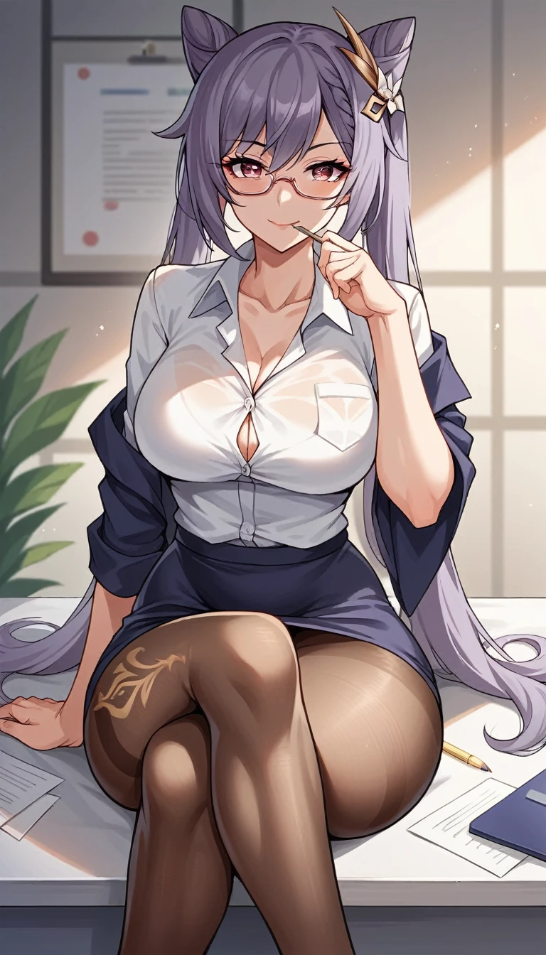 room, huge ass, medium breast, Score_9, score_8_up, score_7_up, score_6_up, source_anime, rating:general, 1girl, beautiful woman, mature, beautiful body, curvy, white skin, front view, looking at viewer, excited, seductive look, seductive smile, sexy pose, legs crossed, slut, horny, pencil in mouth, 1 girl, Keqing \(genshin impact\), office lady clothes, black pantyhose, glasses, 8k, high quality, wallpaper