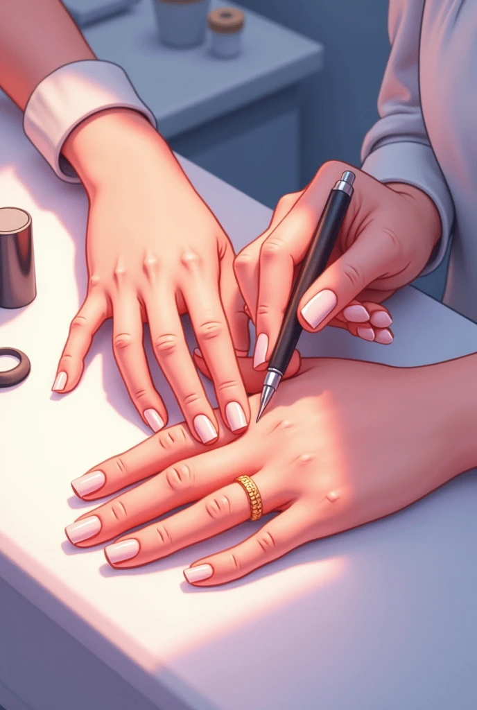 HAND OF A PERSON AND HAND OF A MANICURIST FIXING NAILS ANIMATED DRAWING WITH PINK AND BLUE PASTEL tones AND IN WHICH THE MANICURE TOOLS CAN BE SEEN AS IF THEY WERE ON A TABLE WITH THEIR 5 FINGERS AND THAT THEIR FINGERS HAVE BEAUTIFUL NAILS WITH GOLD RINGS, that only one hand is seen, that it has very good lighting for a nail logo that the color of the two hands are different