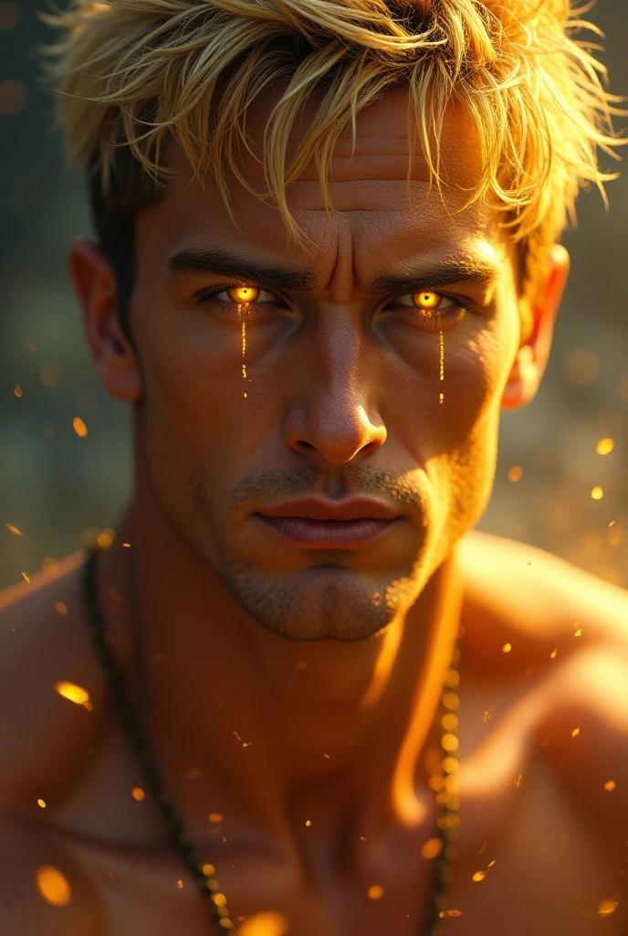 Gold short hair hunk, face forward, close up, blonde,glowing gold eyes, gold tears falling
