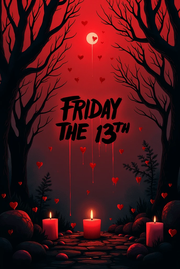 Make a party invitation with red and black colors, The title will be Friday the 13th, There will be broken hearts and blood on the sides, candles, branches and decorations