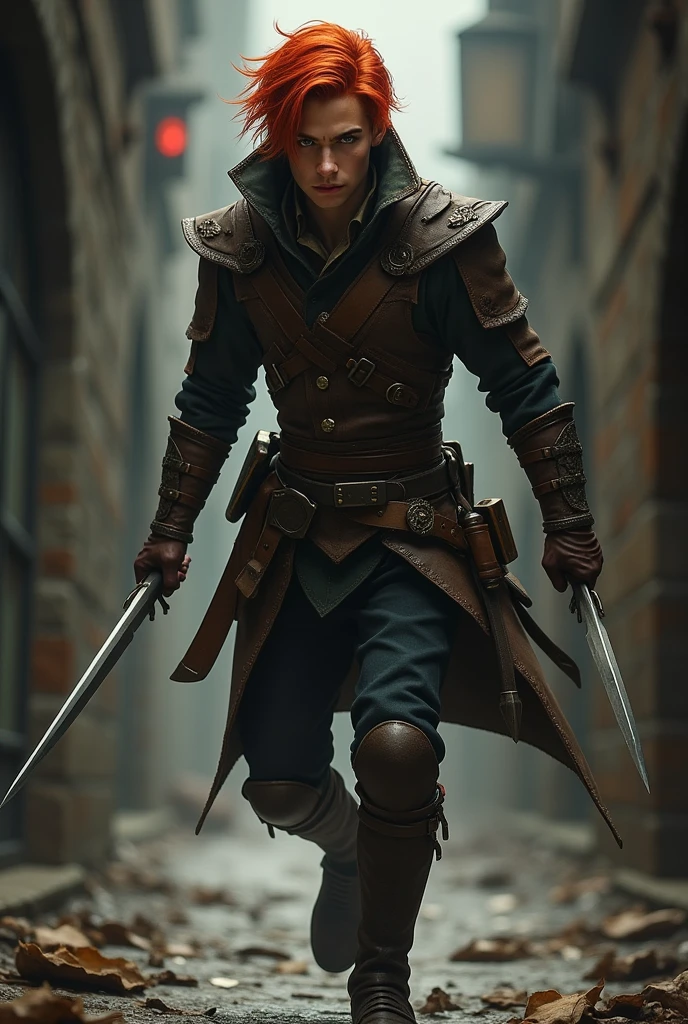 Personagem de d&d, half-elf rogue with short red hair and 1,51 tall, using two daggers in his hands
