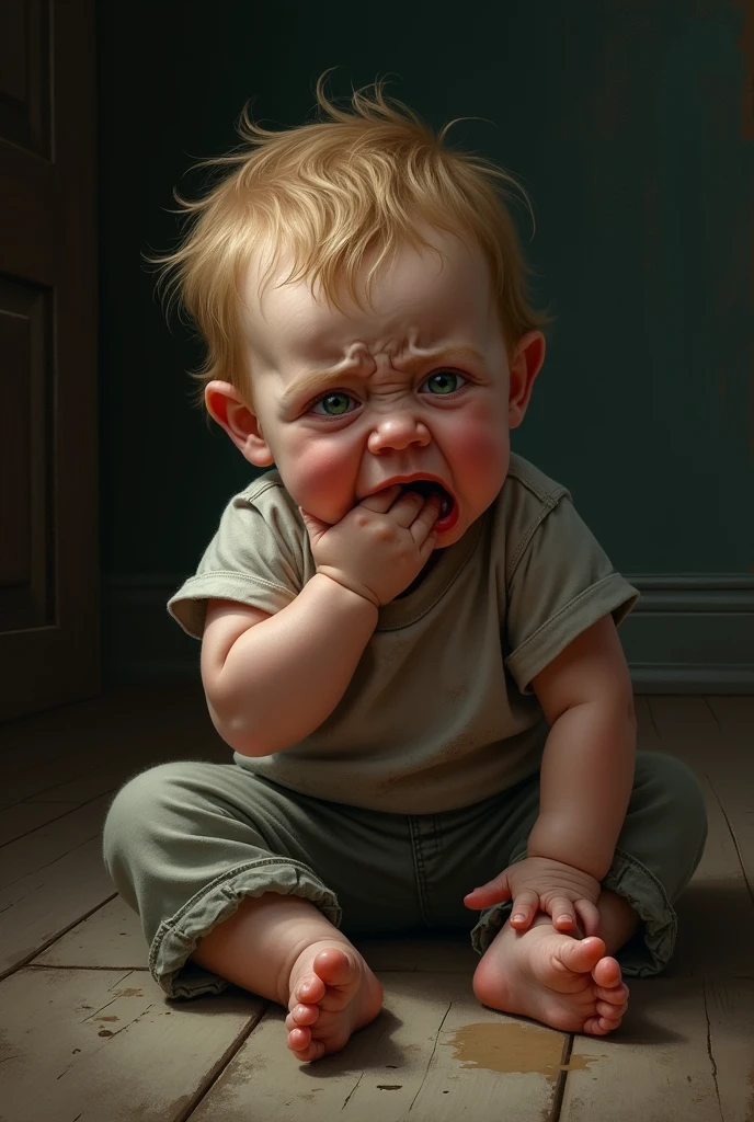 Realistic drawing of a baby, blond hair, green eyes, crying, with his pants full of urine, with his right hand on his mouth, in his dark house at night
