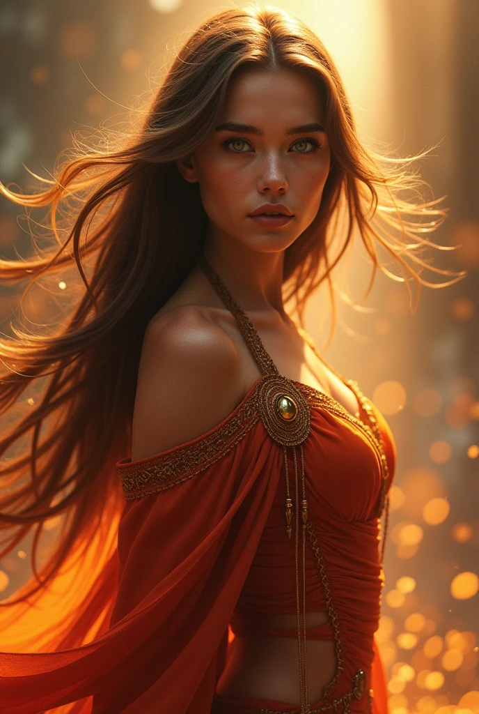 Fireangel has long, brown hair that falls in soft waves well down her back. The hair has a golden-brown sheen in the sunlight, almost like copper. Her face is striking, with high cheekbones and full, supple lips. Her skin has a warm, golden tone.
The most striking feature is her eyes, which are a fascinating mix of green, blue, and gray. Depending on the light and mood, they either look like emerald foliage, deep water, or an impending storm. These eyes are piercing and seem like they can see into the soul.
Fireangel is slender and athletic, with a cat-like elegance in her movements. Her clothing is functional but stylish, mostly in dark reds and oranges, with gold embellishments reminiscent of flowing lava. Her overall look exudes a mix of grace and strength, like a calm but powerful fire.