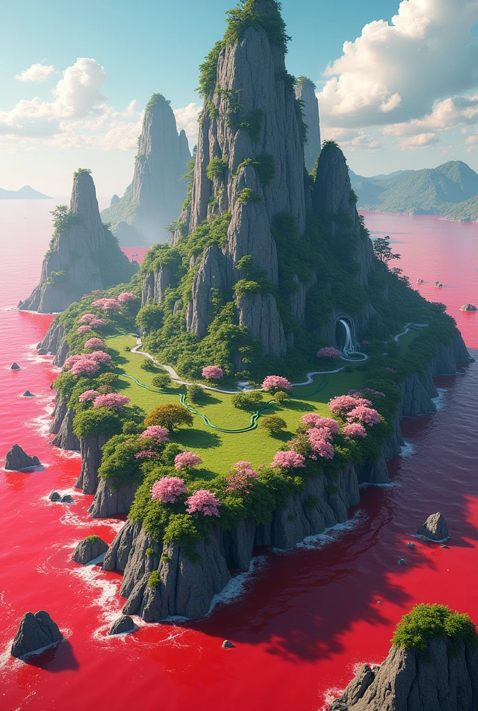 Futuristic island,surrounded by red ocean from four corners,splendid green environment with blooming cherry fruits and flowers