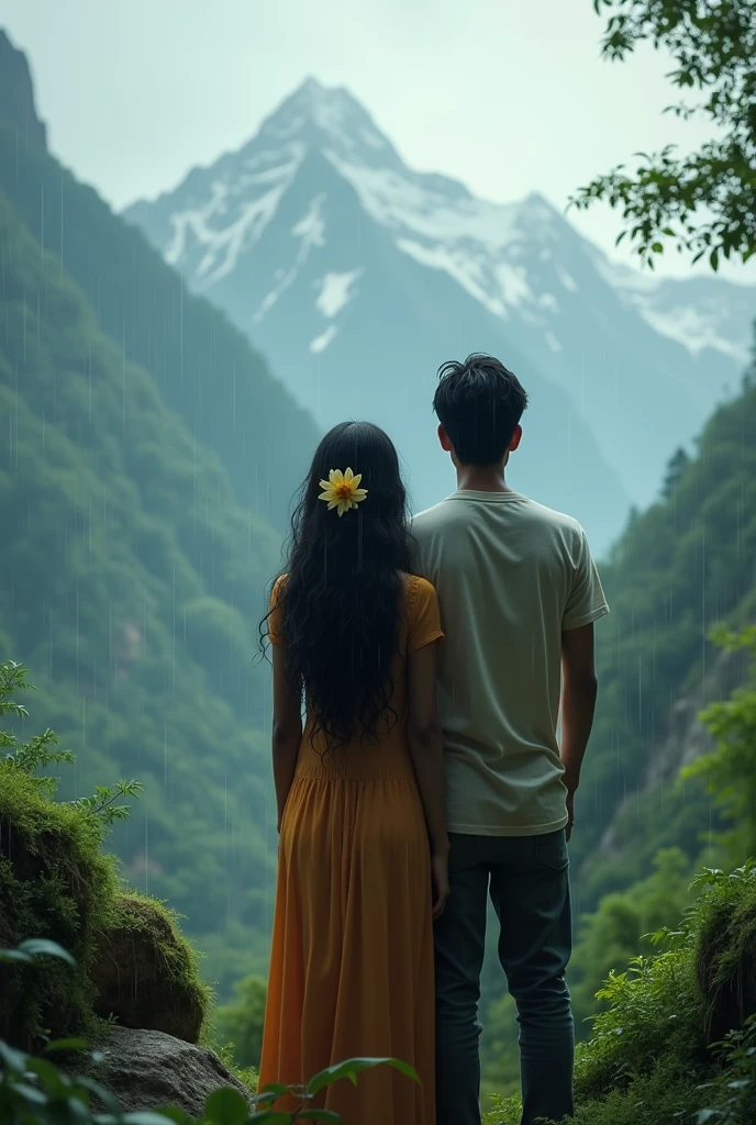 Backside of A indian girl with flower and boyfriend in rainy day. Make a landscape of mountains