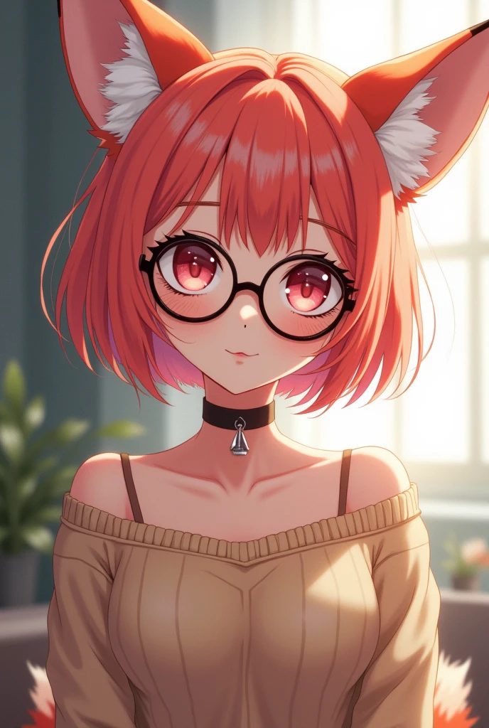 adult anime fox female in her 20s, curvy, lithe feminine frame, short coral pink hair, looking at viewer, bell collar around neck, wearing sweater, curious expression, blur eyes and glasses