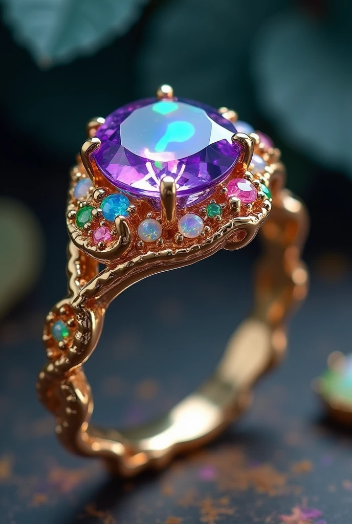 To create a picture of the engagement ring:
Band: Imagine a gold band with a slightly twisted, vine-like design. It should have a delicate, organic feel, as if it were crafted from nature’s whimsy.
Center Gemstone: The central stone is a deep violet sapphire or a mesmerizing opal. It should have a rich, vibrant color that catches and reflects light in a captivating way.
Accent Stones: Surrounding the central gemstone are small, colorful gems like diamonds, emeralds, or pastel sapphires. They should be arranged in a playful, scattered pattern around the main stone.
Overall Style: The ring should look like a piece of fantasy, combining elegance with an element of playful magic. The colors and design should evoke a sense of wonder, fitting for Willy Wonka’s unique style.