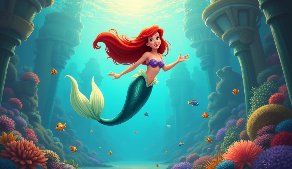 Ariel the happy little mermaid in the fictional kingdom of Atlantis