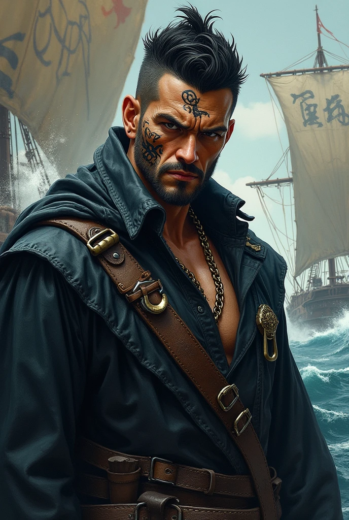 a pirate, blacksad , Cao Cao , tattoo in face , shorth hair , the way you want,