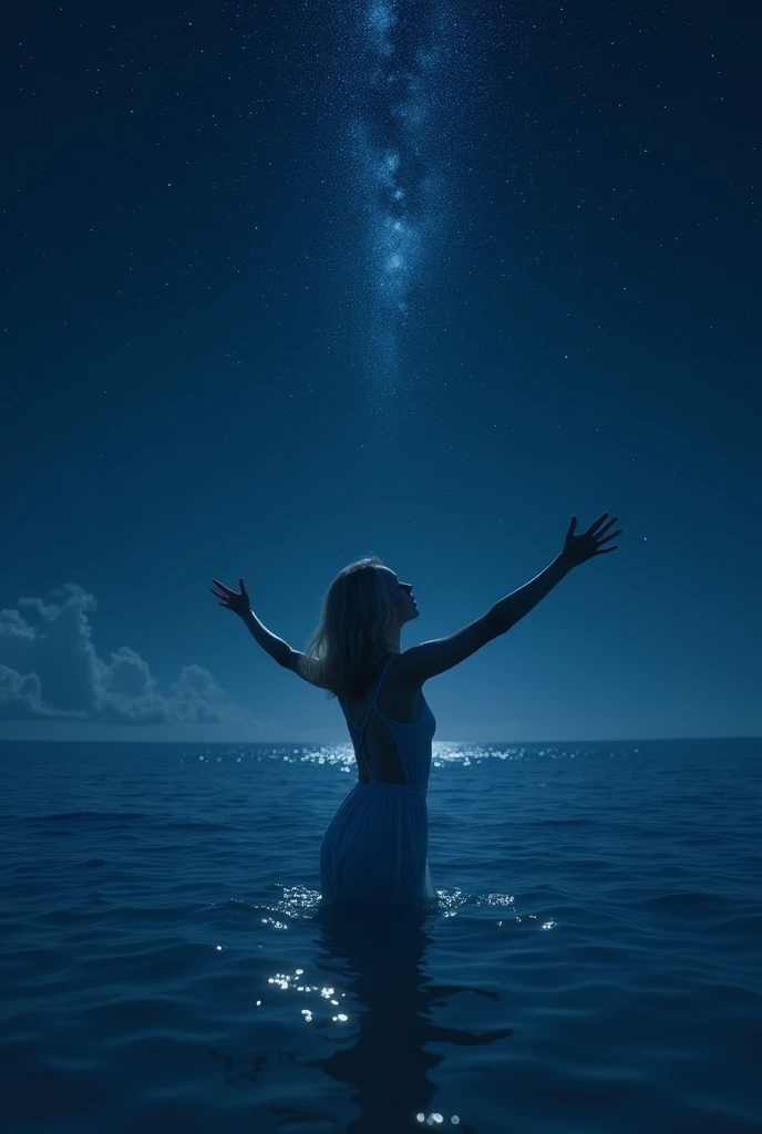 1
night time photo of a tenage girl with blonde shoulder length hair standing in the ocean with her feet and facing the Horizont with her arms in the air, dark dance photography aesthetic, a still of an ethereal, with the sky full of stars, with stars, calm night. over shoulder shot, standing in moonlight, star lit sky, still from a music video, summer night, looking at the stars, she is approaching heaven, video still