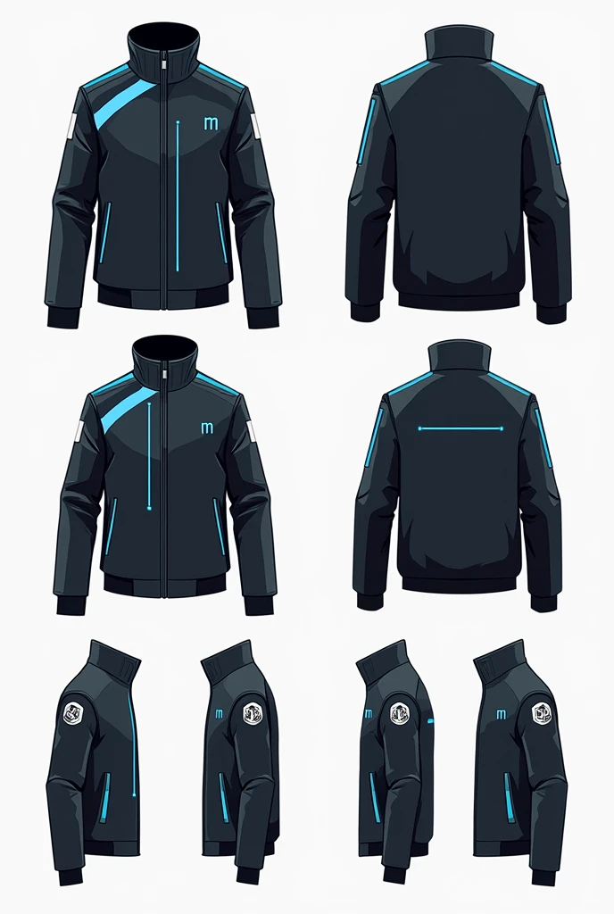 Create a clean, minimalistic illustration of a futuristic jacket. The jacket should feature a tall, structured collar and be primarily black (75%), with 10% blue lines highlighting the design along the sleeves and collar edges. Use 15% white to cover the right sleeve and create a small panel on the left chest. A white 'M' should be placed on the left shoulder. Display the jacket in multiple views on a grid layout, focusing on straight lines, geometric patterns, and a flat, schematic look