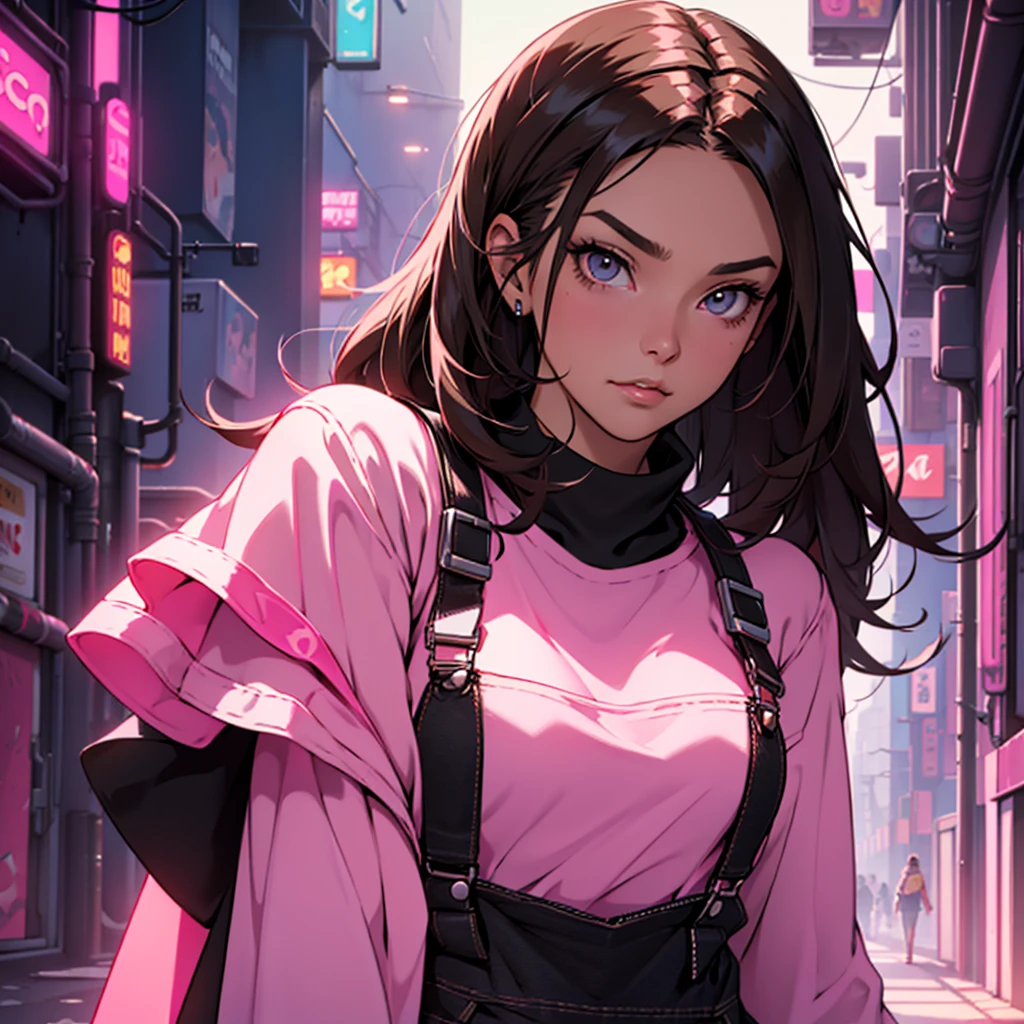 Woman, brunette skin, pink straight hair, brunette skin, wears black overalls with pink cape, cyberpunkstyle, 1 , longye hair, simple background, gazing at viewer, 