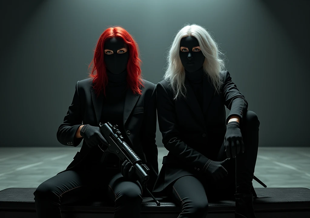 Red-haired woman and a woman with white hair with a robbery mask completely covering their faces, on a black bench and armed with their backs to a huge bench bench bench 
