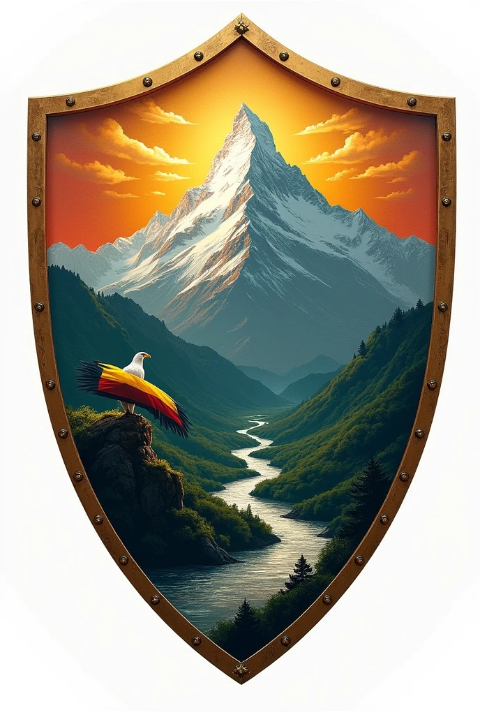 Design a shield containing a mountain with green vegetation, rio, The white-necked Andean condor standing on the top of the mountain wanting to take off, a yellow and green flag and the shield that is divided into 3 parts