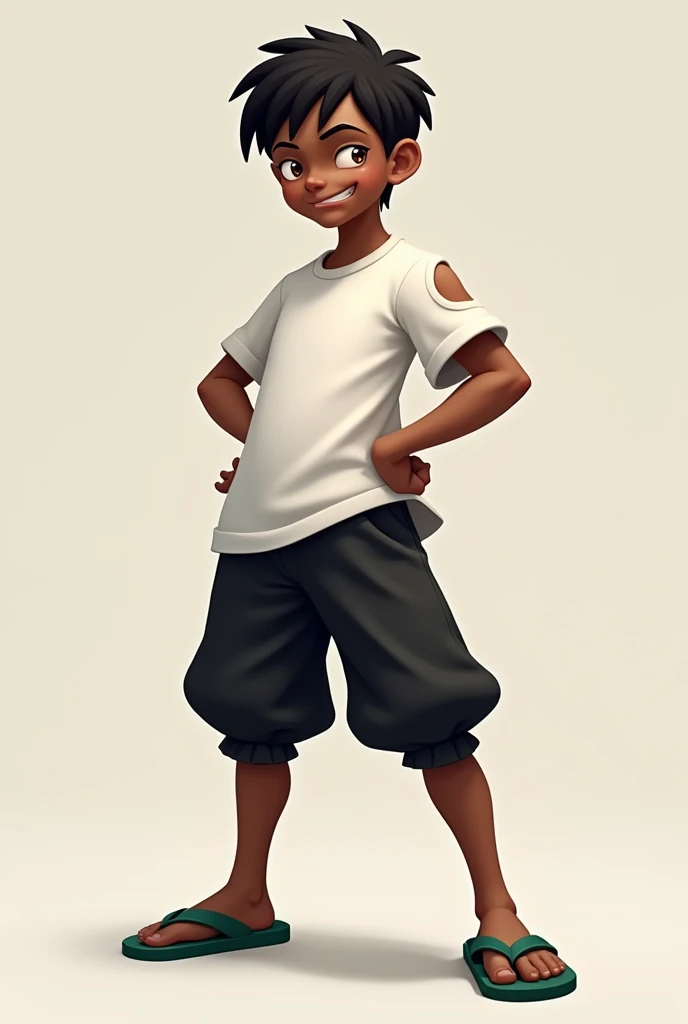 Create a ninja game character with dark skin, normal height, short black hair, sarcastic smile and doubtful look, white hollow sleeve t-shirt, black light shorts, and green sandals.
