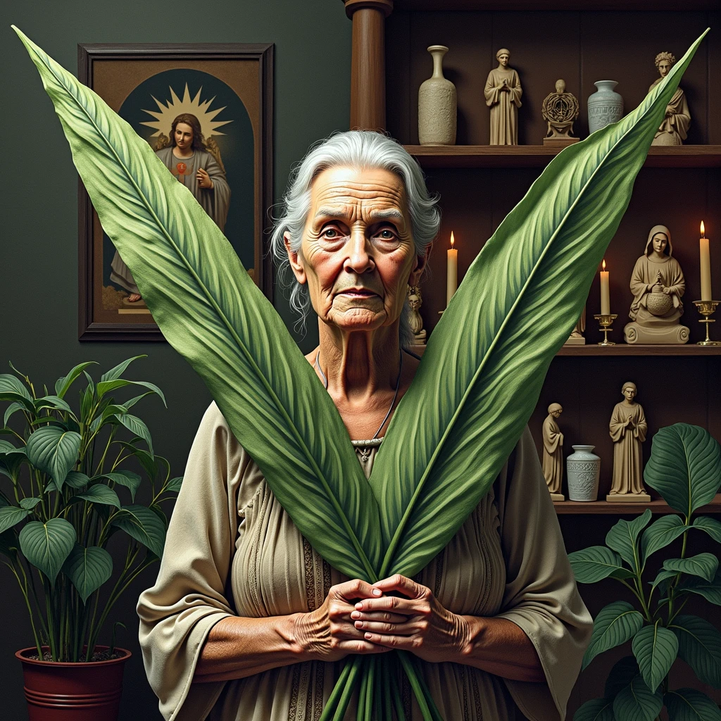 ultra realistic elderly woman healer with two long plants in the shape of thin spears, crossing like an x in front of your chest. The plant is green with medium green and dark green stripes throughout.. In the background, a house with a shelf with saints and lit candles.. convey depth with herbs and candles and an image of Archangel Michael in the background on the wall