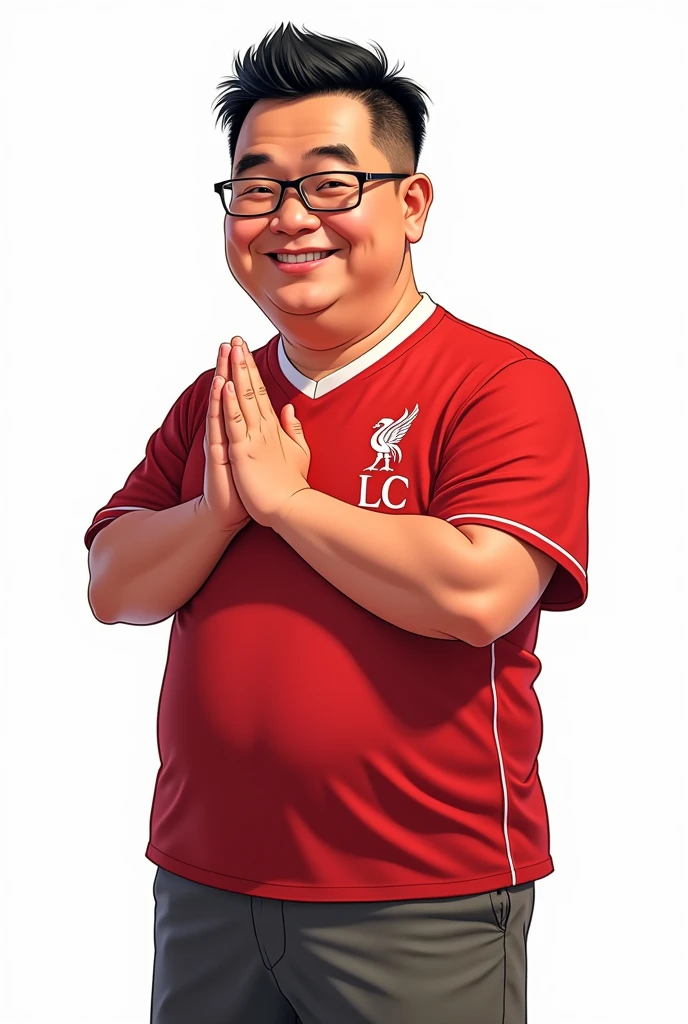 A cartoon-style image of a slightly chubby Thai man, around 40, with short hair and glasses, smiling in a manga style and bowing in a traditional Thai manner. He is dressed in a Liverpool shirt, depicted in a dynamic, high-quality, detailed, and colorful manner, with a realistic pose against a white background.