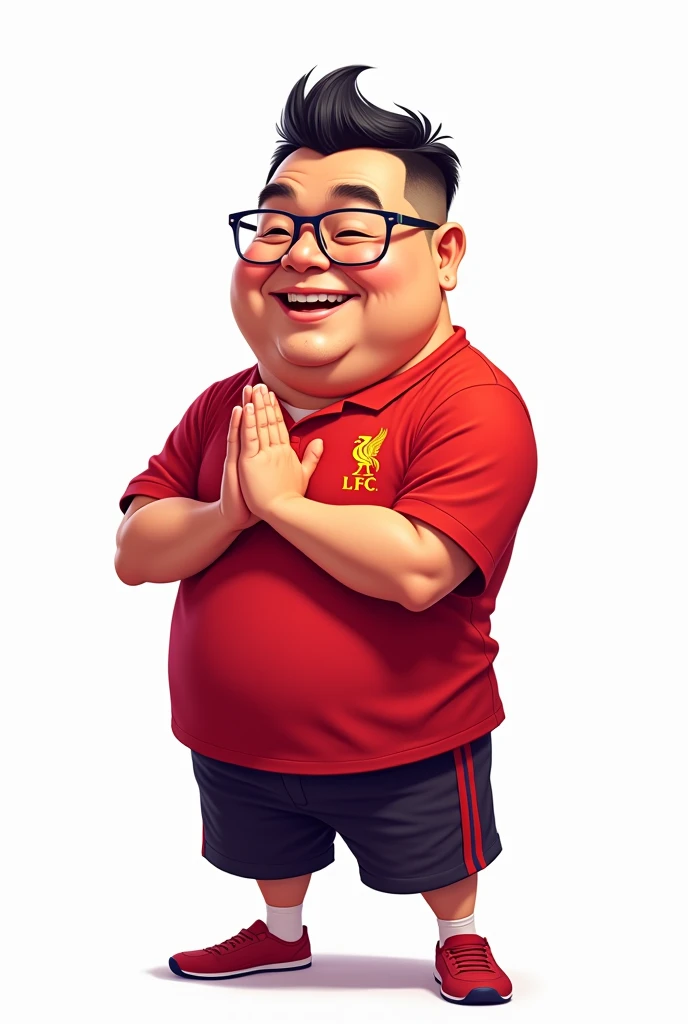 A cartoon-style image of a slightly chubby Thai man, around 40, with short hair and glasses, smiling in a manga style and bowing in a traditional Thai manner. He is dressed in a Liverpool shirt, depicted in a dynamic, high-quality, detailed, and colorful manner, with a realistic pose against a white background.