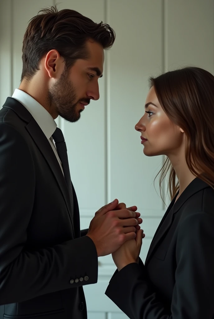 A very tall , handsome ceo man with a rude gaze staring down at beautiful
girl with a fair skin tone lawyer girl , and the girl is folding her hands and staring back at him angrily, the boy has clean shave face , and handsome features they both are starting at eachother from distance