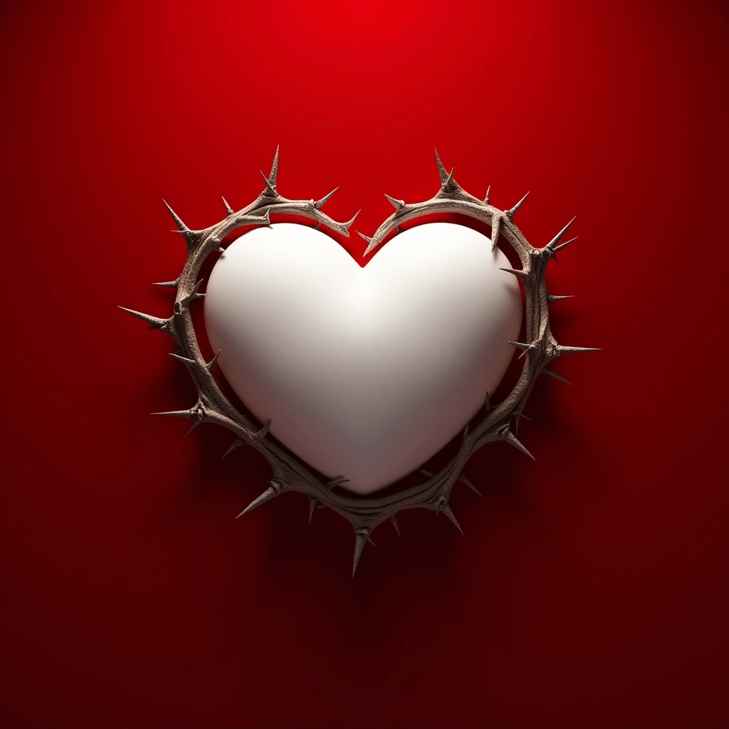 Red background with a white heart in the middle with thorns around the heart