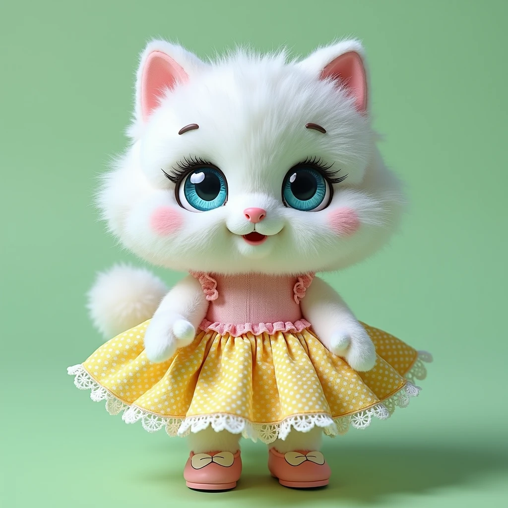 plush very fluffy cat, White wool, like a stoat, Stands on its hind legs, in a pink polka dot lace dress, pink shoes,and the bag, blue doll eyes with big eyelashes, smiles with open mouth, speaks, moves his paws, spreading out the sides, 3D стиль, 8k , 4K, HD, clean background,