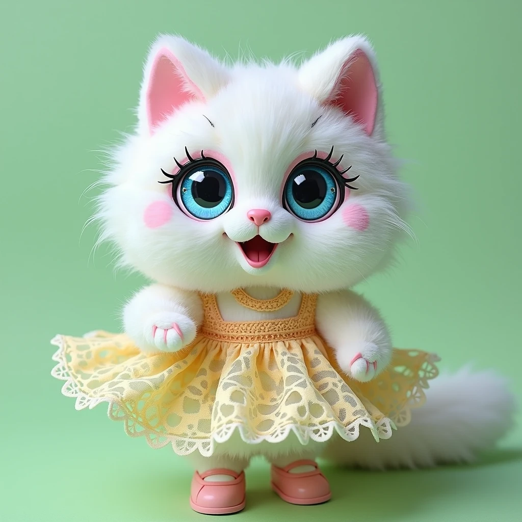 plush very fluffy cat, White wool, like a stoat, Stands on its hind legs, in a pink polka dot lace dress, pink shoes,and the bag, blue doll eyes with big eyelashes, smiles with open mouth, speaks, moves his paws, spreading out the sides, 3D стиль, 8k , 4K, HD, clean background, 