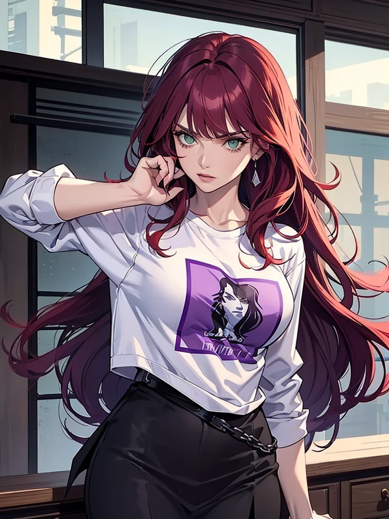 green eyes, red hair with long bangs, noble. wavy long hair. strong woman. she quiet. wear purple and black t shirt. dominant woman. mafia. mature woman. girl boss. badass woman. gangster. hair so long have bangs. gangster. wear winter purple jacket. red hair