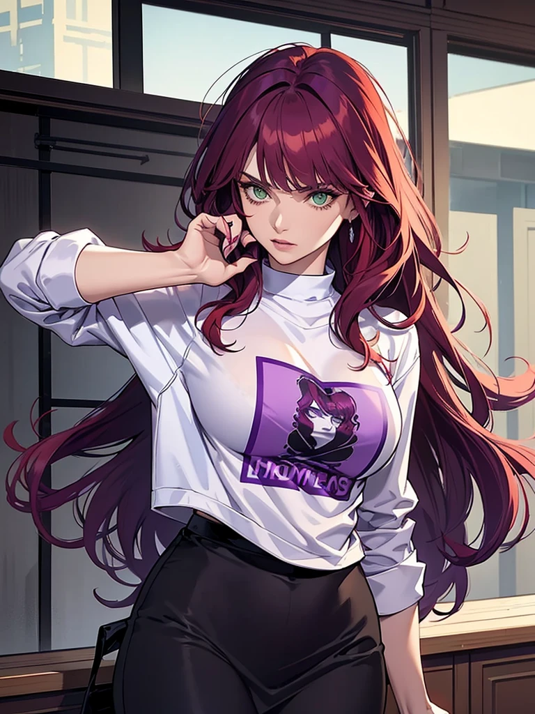 green eyes, red hair with long bangs, noble. wavy long hair. strong woman. she quiet. wear purple and black t shirt. dominant woman. mafia. mature woman. girl boss. badass woman. gangster. hair so long have bangs. gangster. wear winter purple jacket. red hair