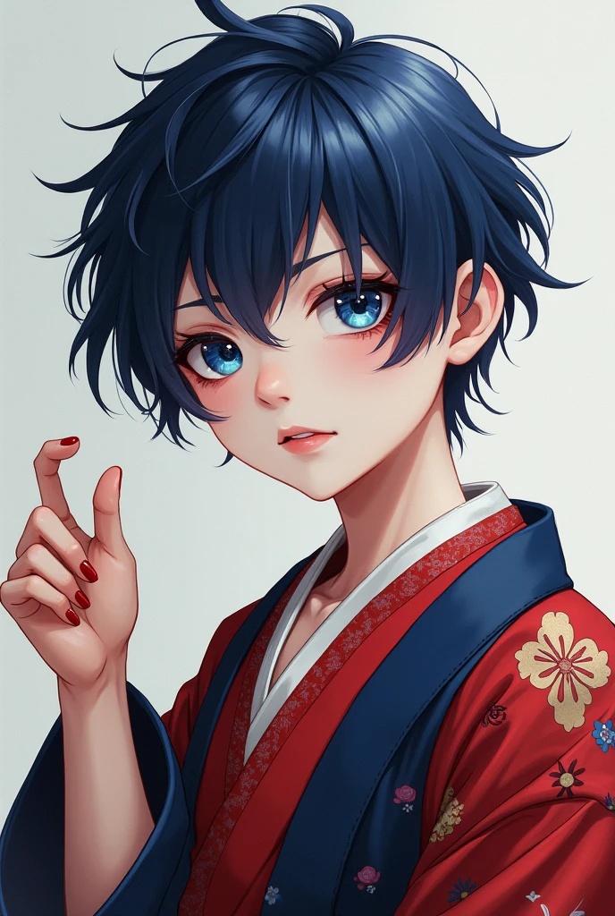 A boy. Japanese, pale skin, dark hair and blue eyes with a traditional kimono and red eyeliner. Waving his hand with a smirk and a little attitude.
Make him.
He has blue eyes framed with red eyeliner, fair skin, and short midnight blue hair in ear-lenght, with choppy bangs falling over his eyes.
The kimono is navy blue and red
His skin is extremely pale