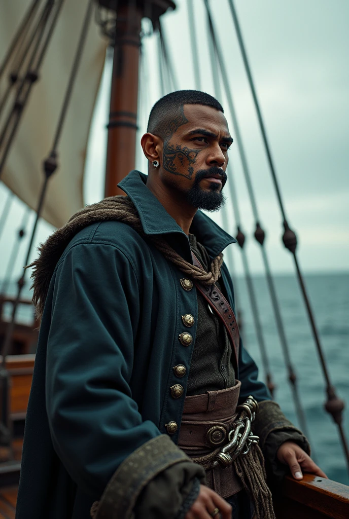 a pirate, black male , Cao Cao , tattoo in face , shorth hair , the way you want,