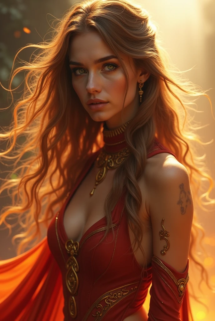 Fireangel has long, brown hair that falls in soft waves well down her back. The hair has a golden-brown sheen in the sunlight, almost like copper. Her face is striking, with high cheekbones and full, supple lips. Her skin has a warm, golden tone.

The most striking feature is her eyes, which are a fascinating mix of green, blue, and gray. Depending on the light and mood, they either look like emerald foliage, deep water, or an impending storm. These eyes are piercing and seem like they can see into the soul.

Fireangel is slender and athletic, with a cat-like elegance in her movements. Her clothing is functional but stylish, mostly in dark reds and oranges, with gold embellishments reminiscent of flowing lava. Her overall look exudes a mix of grace and strength, like a calm but powerful fire.