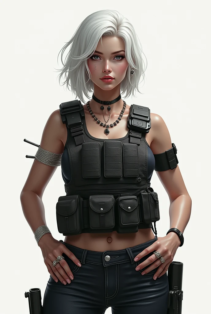 photorrealistic, high resolution, 1woman, standing alone, hips up, view the viewer, (face detailed), White hair, Coletes SWAT, handgun, jewerly