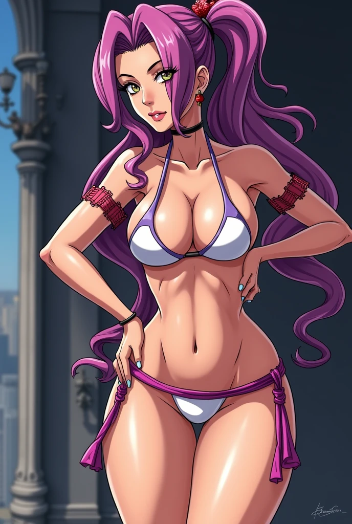 Anime style, source_anime, ((medium round breasts)), (1 Girl), ((random color hair: 5.2, hair with two side braids)))), pink eyes, double eyelids, light effect in the eyes, wide hips, naughty smile, ((hourglass hot perfect sexy robust body)), solo, best quality, masterpiece, portrait, flirting with viewer, sensual pose, detailed, perfect anatomy, detailed art, high definition, 4k , high resolution, ((thong bikini)),