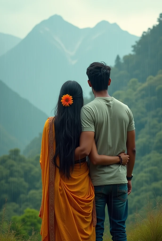 Backside of A indian girl with flower and boyfriend in rainy day. Make a landscape of mountains. Make it 16:9