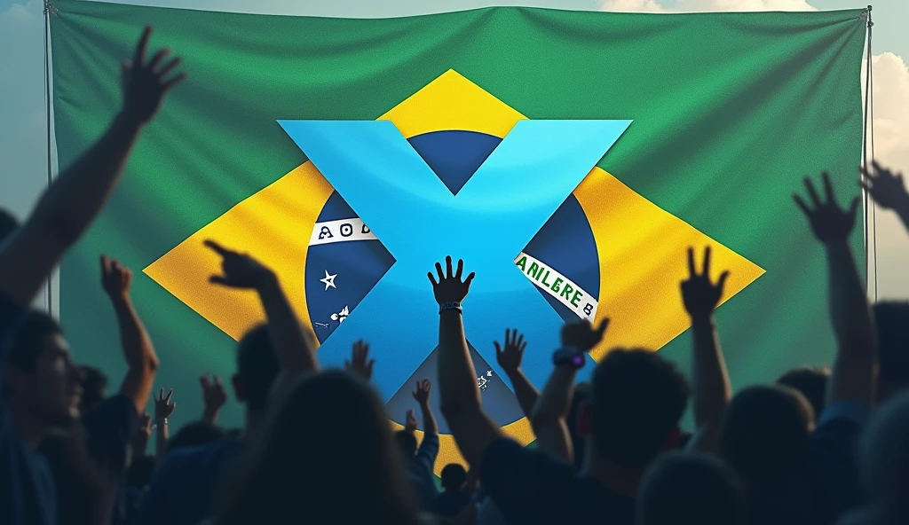 Create a visually stunning image of the X logo (formally twitter) with a Brazilian flag behind it and protesters with their hands in the air, crying, sad, and angry. Make the protesters faded out.