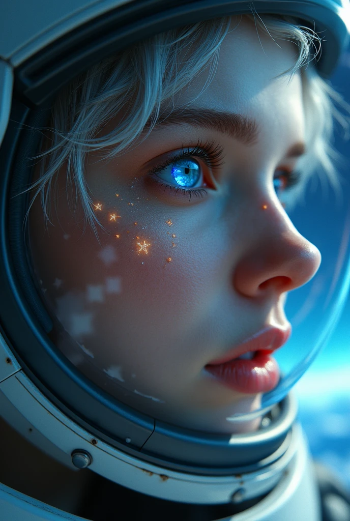 (Close-up of a better masterpiece:1.5)0.9], (Space and astronauts:1.2) (Messy silver hair:1.1) (Heterochromia xanthochromia and blue eyes:1.2) (Space Helmet:1.0) (Colored stars in the eyes:1.0) (A radiant glow:1.1) (thick lips:0.9)