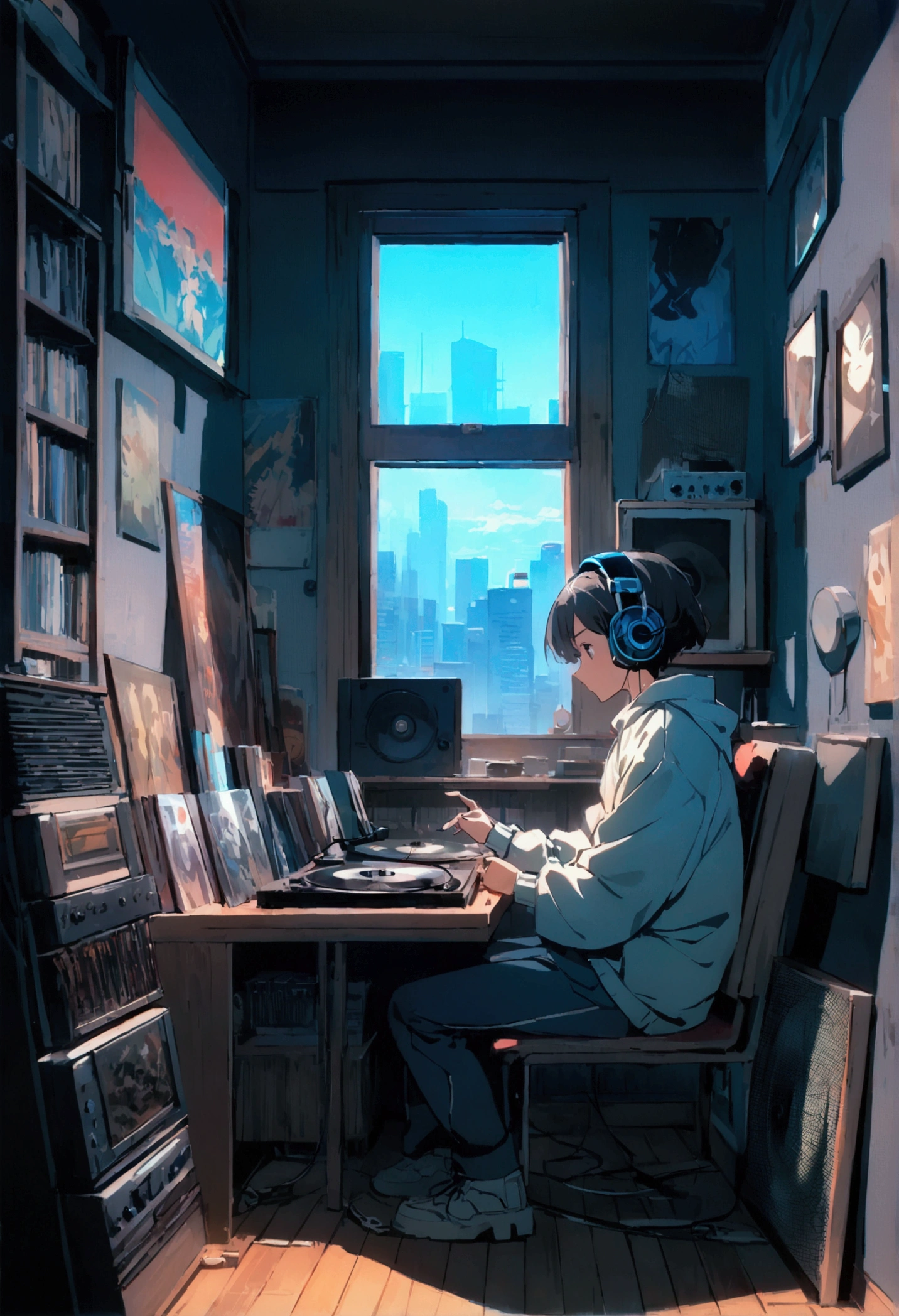 1 person,Photo of a man wearing headphones and listening to music, Why in the text?, Very detailedな, Vintage Wave, cyber punk, sad mood, Light coming through the window, nightの風景, One Bedroom, 2D, (Shot from a distance), Wide Shot, (Movie noise), Old cartoons, (Many records: 1.3), vinyl record store, (masterpiece, Very high quality, Very high quality, Official Art, beautifully、beautiful: 1.2), (Very detailed, (Fractal Art: 1.4 ), guitar, (Note: 1.4), (Lo-fi hip hop), Side view, Old Anime Texture, alone, speaker, cyber punk, vinyl, night，Exquisite facial details，Cool guy、Makoto Shinkai style