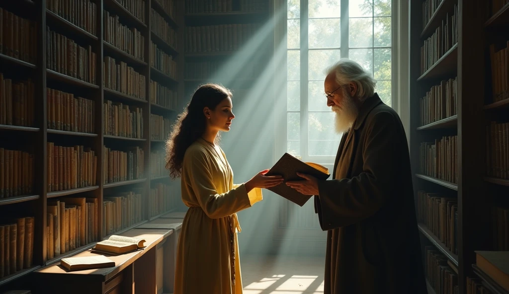 The librarian leads Maya to a secluded corner of the library. She pulls out an ancient, dusty tome from the top shelf and hands it to Maya. maya isn beautiful young university girl. dean is old and gentle man