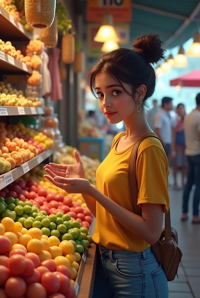 College girl preferring makhana and fruits over samosa by pointing on to those in shop