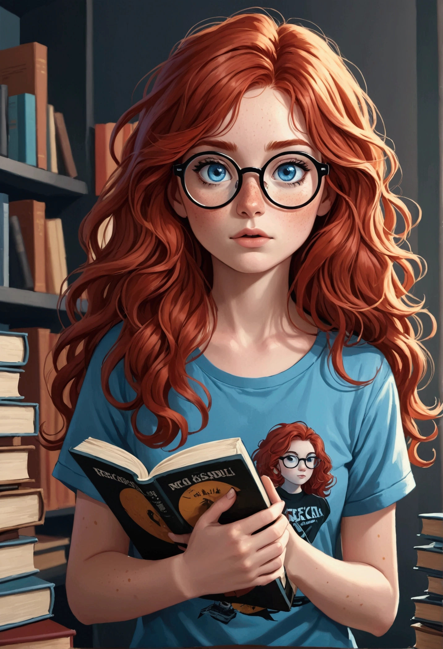Red-haired girl with long wavy hair, with freckles on his face, blue colored eyes, Round Eyeglasses, wearing a rock band shirt and holding some books.