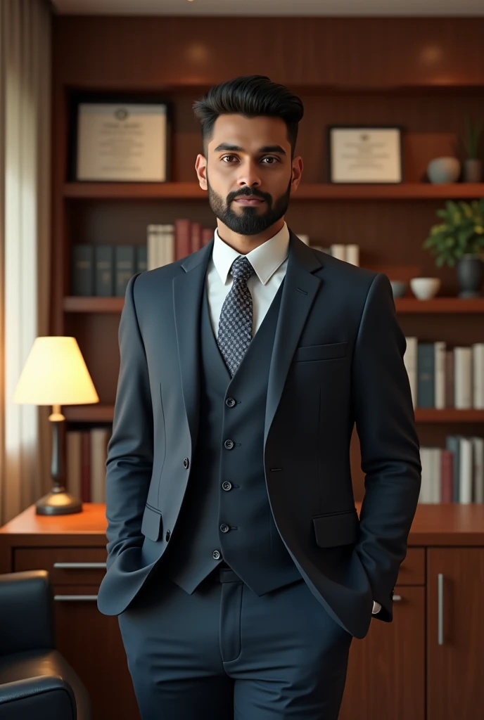 An Indian man who is 3, tall looking, fair, has big eyes, a small beard, and is standing in his office cabin and is wearing formal clothes