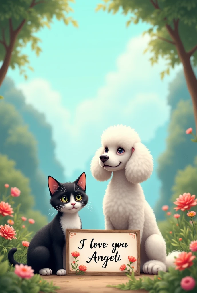 A black and white cat, and a white poodle dog with long, straight hair. And in the middle a sign that says I love you Anggeli and a background of a paradise