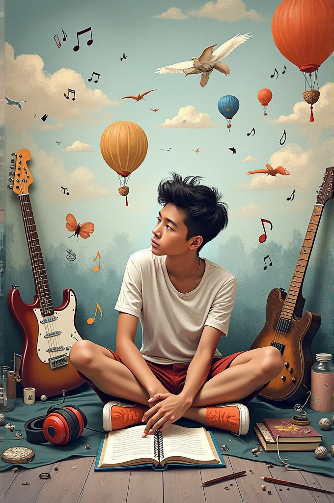 Draw a mural combining the sleeping habit, listen to music , play the guitar, smart , and draw