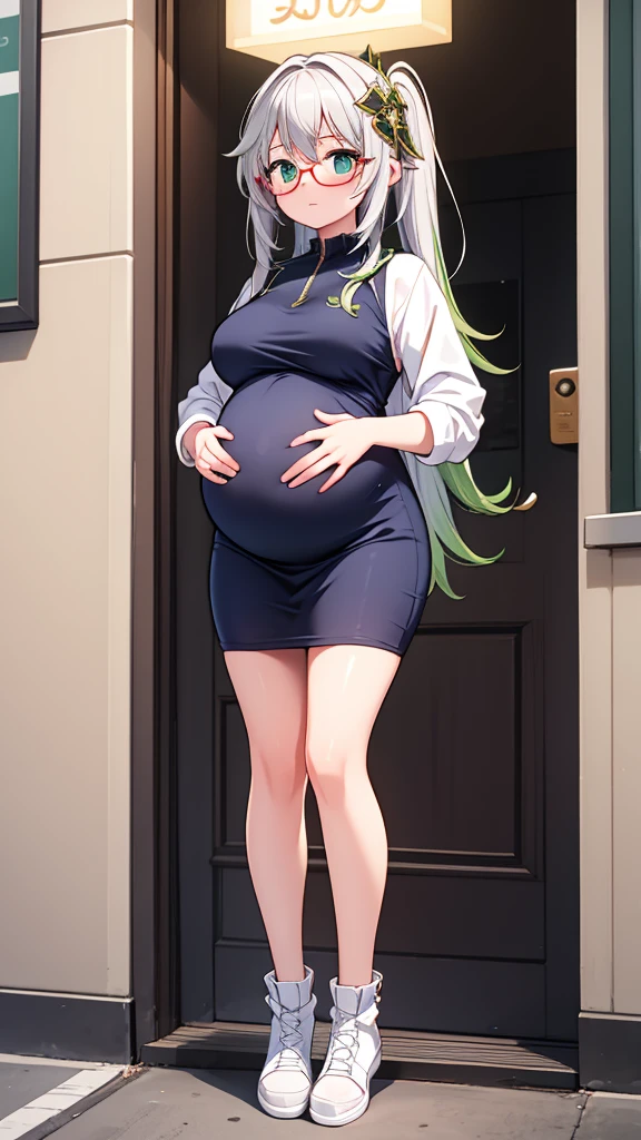 1girl, full body, glasses, an image of a pregnant girl