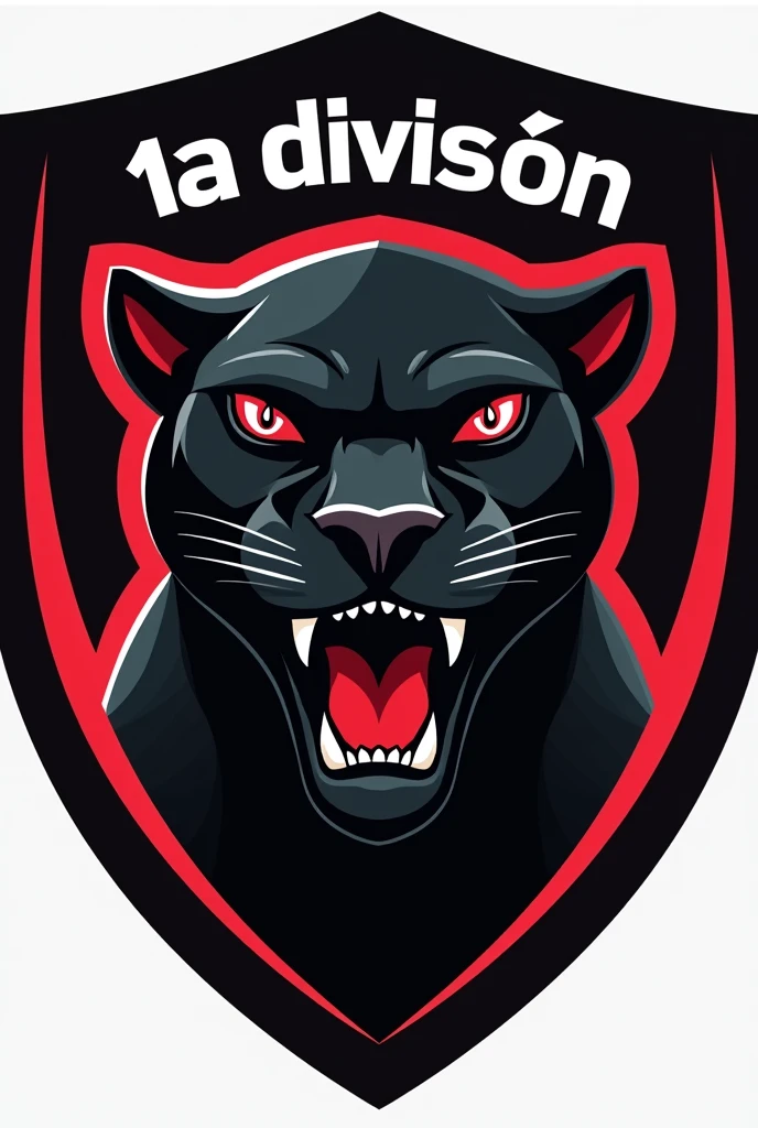 "A sleek, modern football (soccer) shield design with a 4K high-definition style. The shield is round with a clean, contemporary look, featuring black and red colors. In the center, there is a fierce panther symbolizing strength and agility. The main focus is the bold text '1ª DIVISÃO NBR' displayed prominently above or below the panther in a professional, eye-catching font. The design should convey a sense of prestige and competition, suitable for a first division football league. The overall appearance should be sophisticated, modern, and visually appealing, emphasizing a high-quality and professional football league emblem."