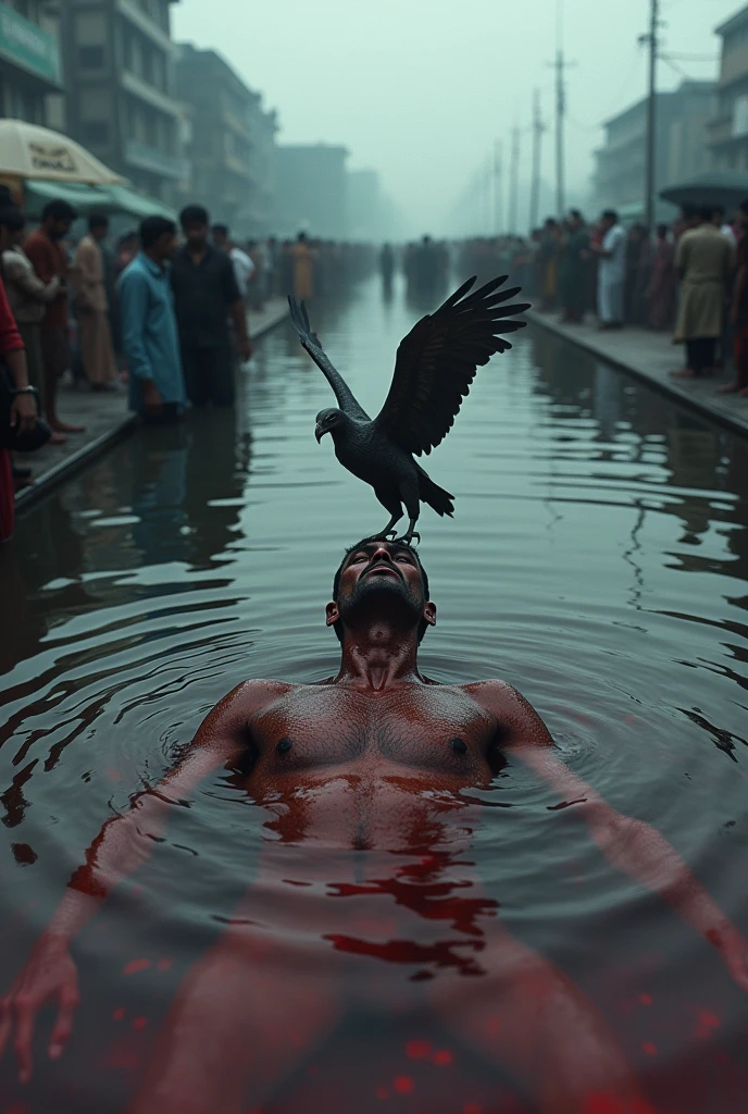 ঢাকার হাতিরঝিলে ভাসছে বাংলাদেশের একটি মৃত মানুষের লাশ। রক্তাক্ত পানি এবং আকাশ। লাশের উপরে শকুন বসে আছে। দূরে দাঁড়িয়ে হাজারো নির্বাক মানুষ চেয়ে আছে ভিড় জমিয়েছি। কাদছে এক বুড়ি