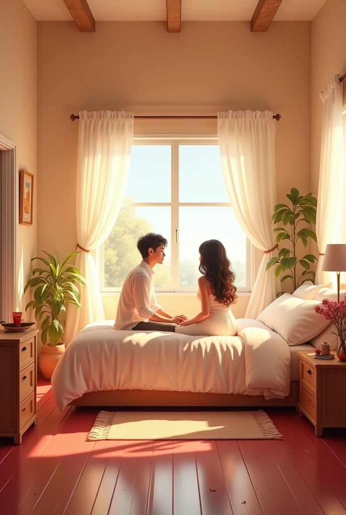 marital bedroom with red floor, white roof, All the walls are corn-colored and the curtains are white.